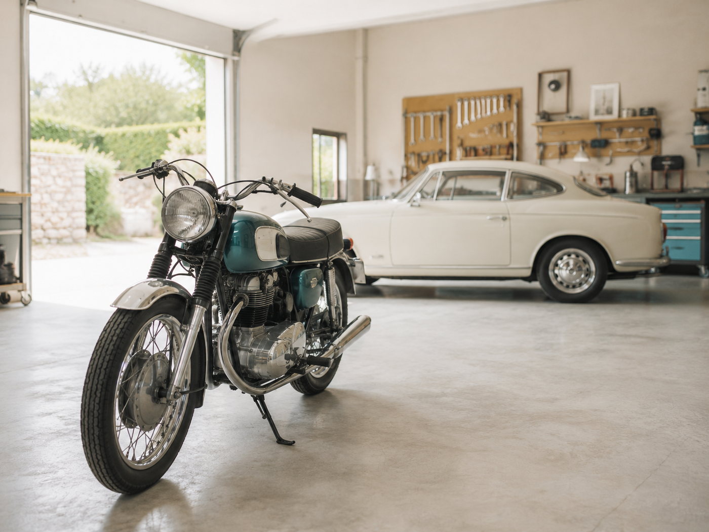 Moto et voiture de collection dans un atelier